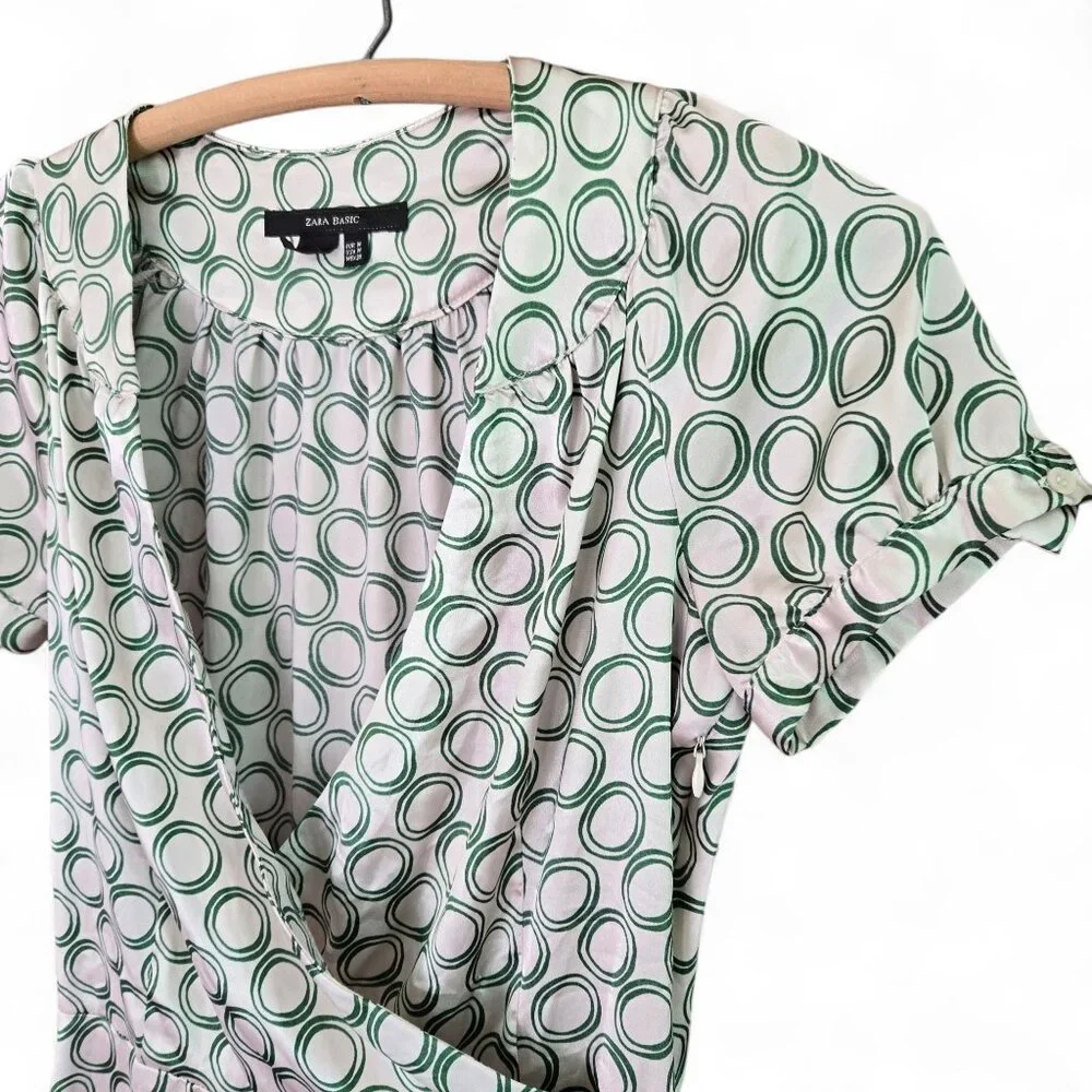 Zara Basic Womens Elastic Waist Dress Draped Neck Circle Print Green/White M - Picture 4 of 8